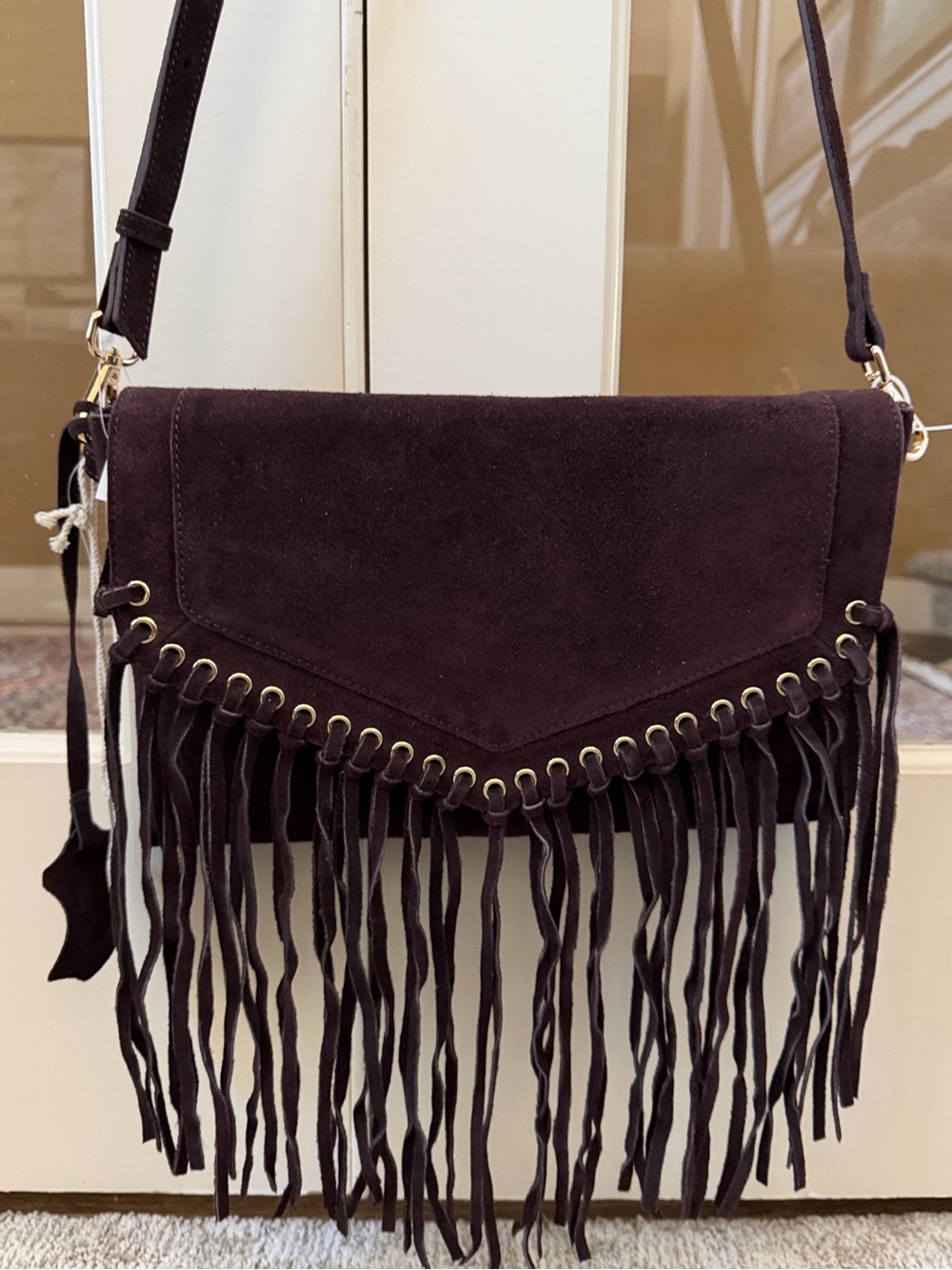 Haute Hippie Women’s Dark Brown Genuine Suede Grommet Fringe Flap Crossbody Bag